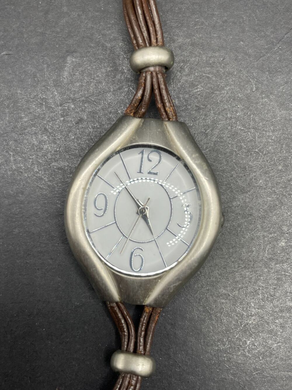J. Jill 15-214 Quartz Silver Tone White Dial Wristwatch Brown Leather Cord Band